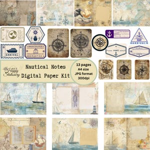Nautische Notizen als digitales Kit für Papierbasteln & Junk Journals. A4 gemustertes Papier, Tags/Journalkarten. Digi Collage, Boote Etiketten JPG-Format