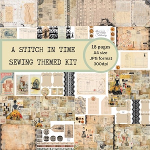Een digitale knutselset Stitch in Time Junk Journal & Scrapbook met een vintage en modern naaithema, kortstondig, kaarten maken, folio's. 300 dpi jpg