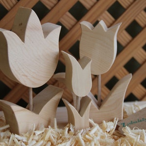 Könnte beinhalten: Ein Satz aus vier Holztulipen in verschiedenen Größen, die in einer Gruppe angeordnet sind. Die Tulpen sind aus hellem Holz gefertigt und haben eine glatte, polierte Oberfläche. Die Tulpen stehen auf einem Bett aus Holzspänen.
