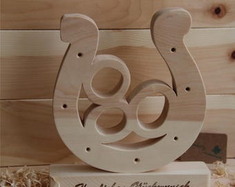 Horseshoe 21 cm made of Swiss pine wood, with the number 80, lucky charm, anniversary gift, birthday gift also available personalized.