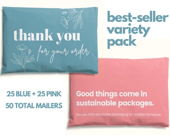 Variety Pack Eco-Friendly Poly Mailers 10 x 13 (50 Total - 25 Each), Blue and Pink, 100% Recyclable, Shipping Bags, Cute 10x13 Shipping
