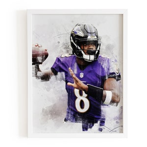 Pôster de Lamar Jackson, impressão em aquarela de Lamar Jackson, pôster de futebol, estrelas de futebol, arte de parede para fãs de futebol