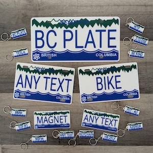 May include: White license plates and keychains with blue and green accents. The license plates say "BC PLATE", "ANY TEXT", and "BIKE". Keychains include "TESLA", "BMW", "MAGNET", and more.