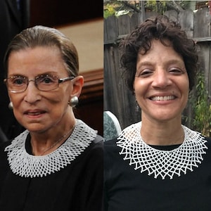 May include: Two people wearing white beaded collars. The collar is a large, wide, and flat, and is made of small white beads. The collar is worn around the neck and is a popular fashion accessory.