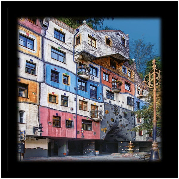 Gerahmt I Hundertwasser Poster Hundertwasserhaus Wien Kunstdruck Bild 52 x 52 cm im Alurahmen schwarz