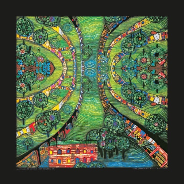 Hundertwasser Poster Grüne Stadt Kunstdruck Bild mit Folienprägung 48 x 48 cm