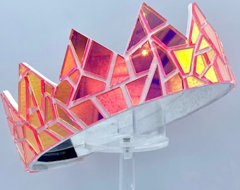Holographic Neon Pink Mirror Crown on White Leather