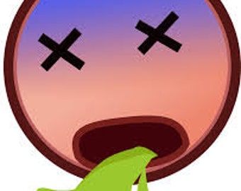 Op de afbeelding: Een cartoon gezicht met een rood-blauwe gradiënt huid, grote zwarte ogen met X'en eroverheen en een grote open mond met groen braaksel eruit.