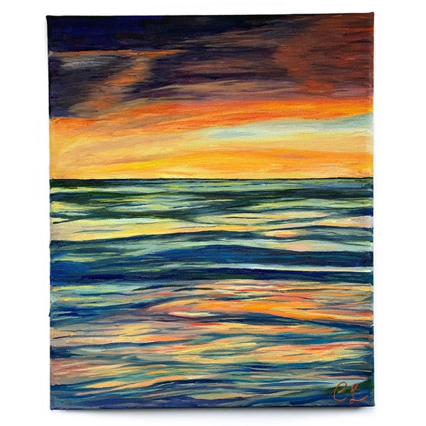 Sunset beach original oil painting on 10x12 inch stretched canvas