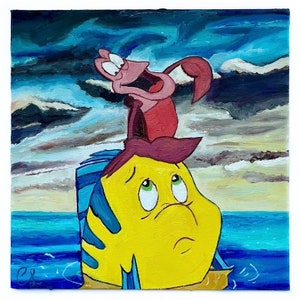 La peinture à l&#39;huile originale de la Petite Sirène sur toile de 8 x 8 pouces