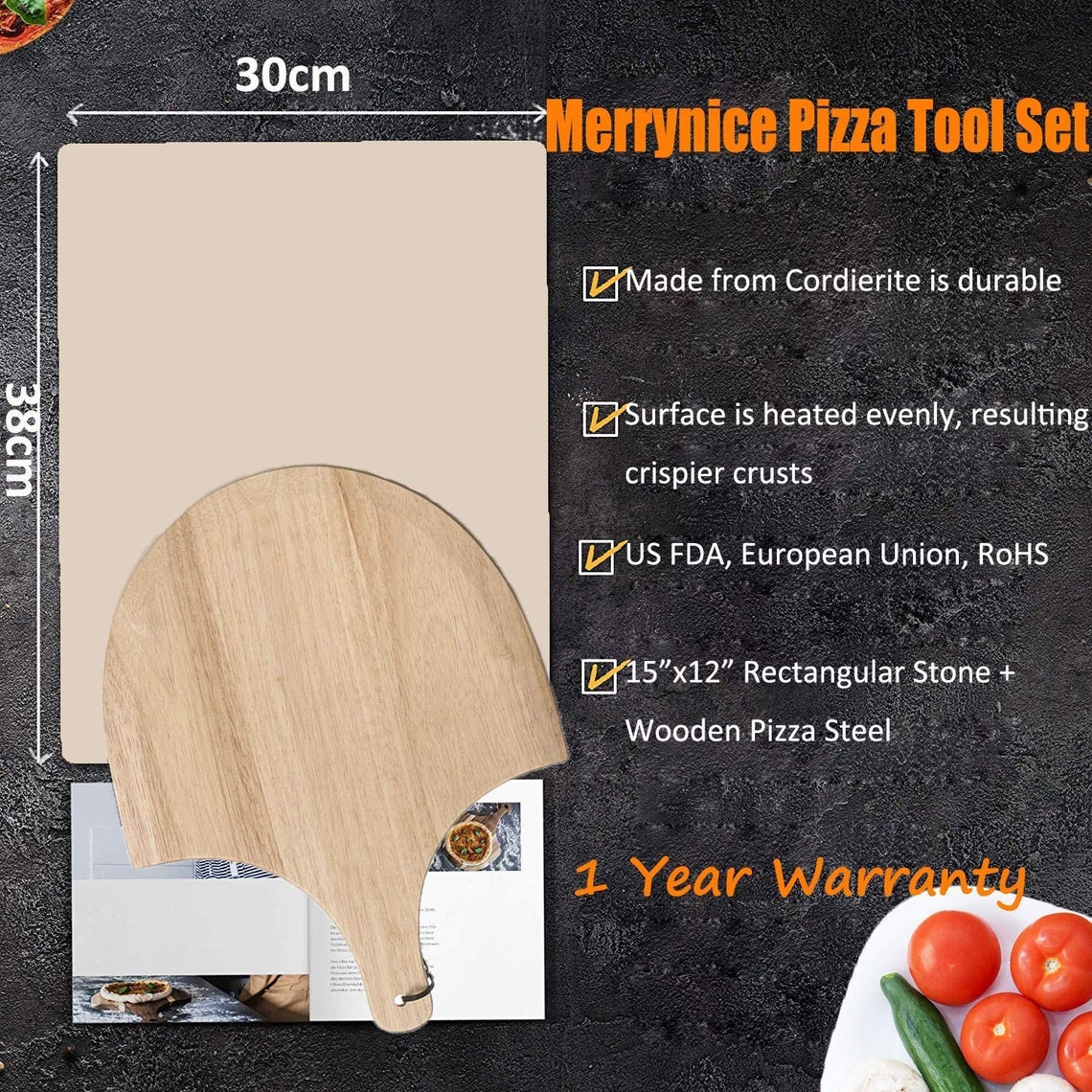 15x12 Inch Rectangular Pizza Stone With Wooden Peel Paddle Etsy