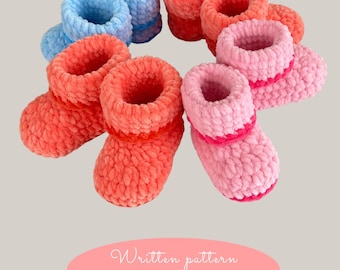 May include: Six pairs of crocheted baby booties in pink, coral, and blue. The booties are made with a fluffy yarn and have a simple design.