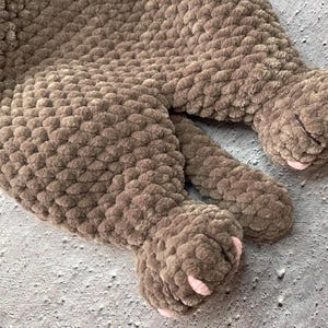 May include: A close-up of a brown, chunky knit blanket with two paws visible. The paws have pink accents on the pads and claws. The blanket is made of a soft, plush material.