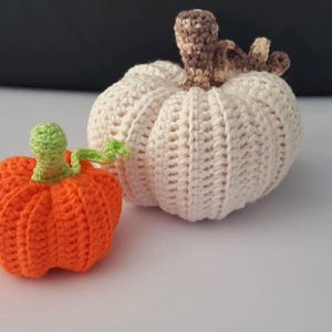 Puede incluir: Dos calabazas de crochet, una naranja y una blanca. La calabaza naranja es más pequeña y tiene un tallo verde. La calabaza blanca es más grande y tiene un tallo marrón.