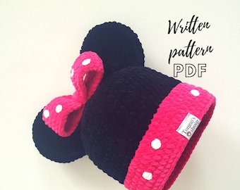 Crochet Minnie mouse hat, written pattern, pdf download, minnie mouse pattern, beanie written pattern, pdf pattern, Minnie mouse