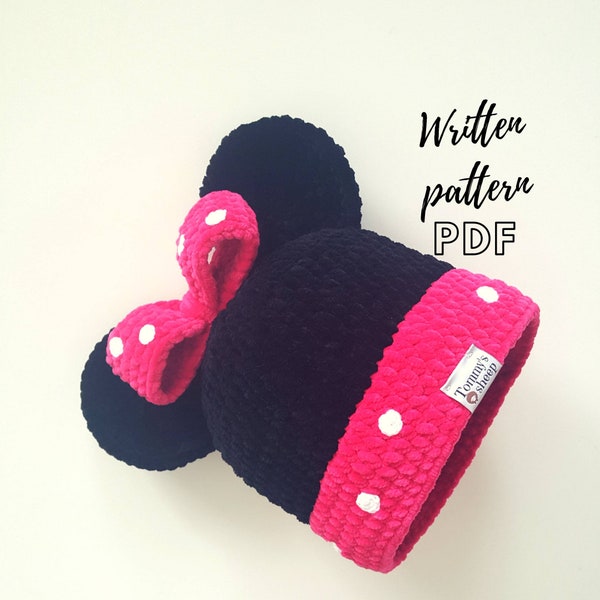 Gorro de minnie mouse a crochet, patrón escrito, descarga pdf, patrón minnie mouse, gorro escrito patrón, patrón pdf, Minnie mouse