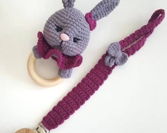 Written PATTERN only, eng/cz, bunny teether, pacifier clip, dummy clip, PDF download, crochet teether pattern, pacifier clip pattern