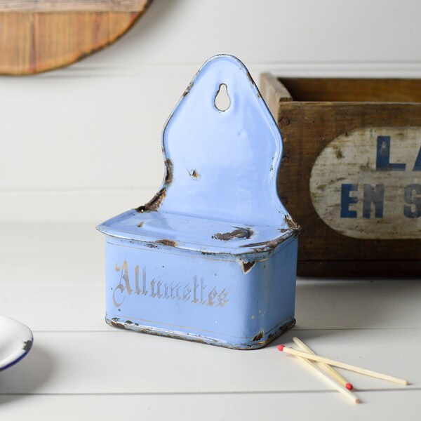 French vintage enamel ‘Allumettes’ (Match) Holder. Blue. Kitchenalia. Rustic. Country. Provincial. Farm. Food Photography. Food Styling.