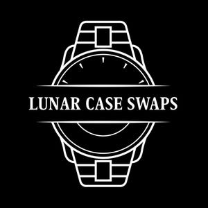 May include: A white line art logo on a black background. The logo features a stylized watch design with the words "LUNAR CASE SWAPS" in a horizontal banner across the center of the watch face.
