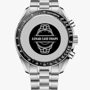May include: A silver wristwatch with a black bezel and a grey face displaying the text "LUNAR CASE SWAPS." The watch features a tachymeter scale and a stainless steel strap. The watch has three dials and two buttons.