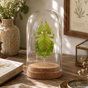 May include: A preserved green leaf insect specimen displayed inside a clear glass dome cloche. The insect is mounted on a small vertical support attached to a circular cork base. The dome provides a protective enclosure for the insect display.