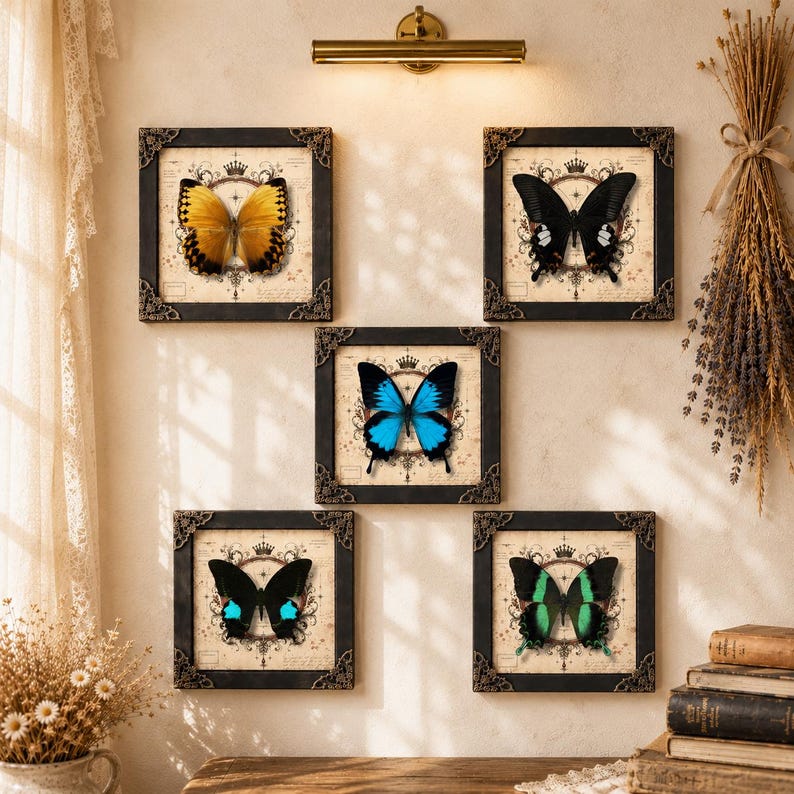 May include: A set of five square wall art pieces in dark ornate frames, each featuring a different butterfly specimen centered on a vintage-style background with crown and scroll motifs. The butterflies are yellow, black, blue, and green.