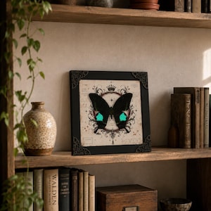 May include: A square black frame with ornate corner details containing a print of a black butterfly with bright teal wing accents. The butterfly is centered over a vintage-style background featuring a crown, circular filigree, and text.