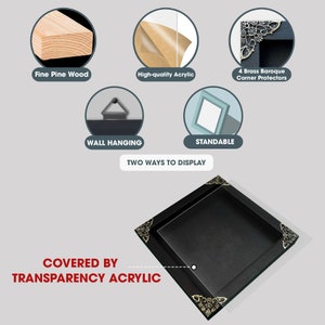 May include: A black square shadow box frame featuring fine pine wood construction, a clear acrylic front cover, and four decorative brass baroque corner protectors. The frame includes hardware for wall hanging and a stand for tabletop display.