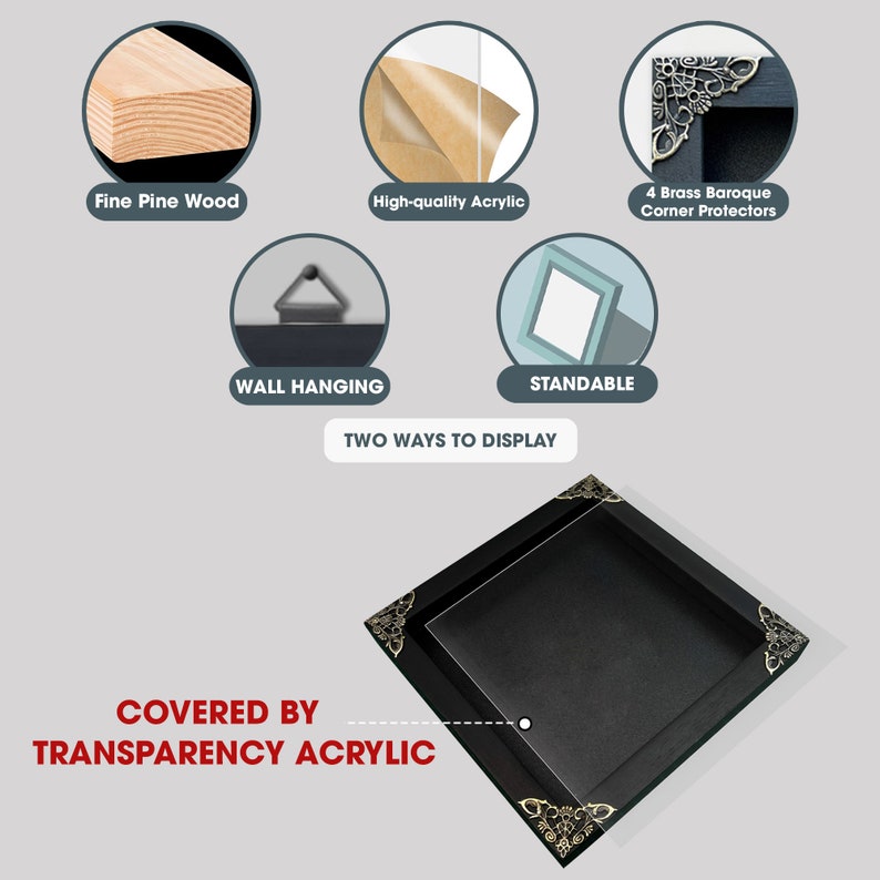 May include: A black square shadow box frame featuring fine pine wood construction, a clear acrylic front cover, and four decorative brass baroque corner protectors. The frame includes hardware for wall hanging and a stand for tabletop display.