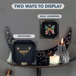 May include: Two square black shadow box frames with ornate metal corner accents. One frame displays a Death's-head hawkmoth, the other a colorful butterfly. Text reads: TWO WAYS TO DISPLAY, WALL HANGING, and STANDABLE.