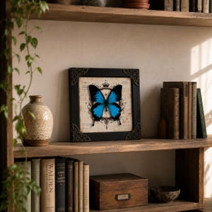 May include: A square black frame with ornate corner details containing a centered, vibrant blue and black butterfly specimen mounted on a cream-colored background featuring vintage-style script, decorative line art, and a small crown icon.
