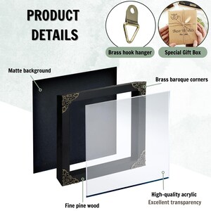 May include: A square shadow box frame featuring a black pine wood frame, a matte black backing, and a clear acrylic front panel. The frame is accented with decorative brass baroque corners and includes a brass hook hanger and a brown gift box.
