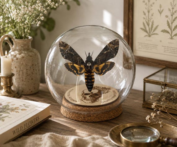 Death Head Moth Acherontia In Glass Dome, Moth Art Globe Hawkmoth Oddity Insect Bug Wall Art, Black Gothic Decor, Oddities Curiosities