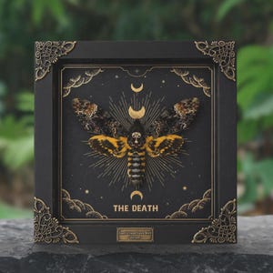 May include: A framed Death's Head Hawk Moth specimen displayed in a black shadow box with ornate gold corner accents. The background features gold celestial moon phases, sunburst lines, and the text THE DEATH. A small plaque reads Death's Head Hawk Moth Vietnam.