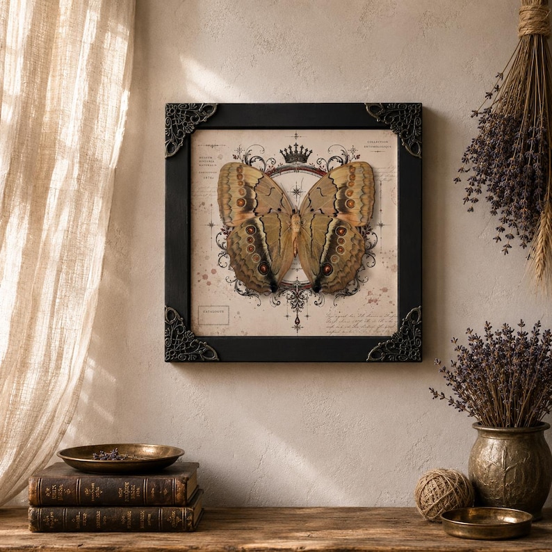May include: A square black frame with ornate corner details containing a centered butterfly specimen. The background features a vintage-style print with a crown, compass rose, and script text. The butterfly has tan and brown patterned wings.