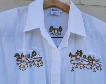 Finikee 80s Vintage white Sunflower Cotton embroidered Cottage Scene Shirt L