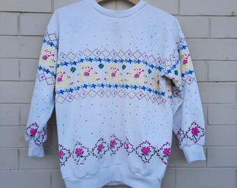 Baronelli 80s Vintage Teddy Bear Floral Kitsch Pullover Sweater M