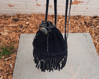 90s black suede Bohemian festival embellished tassel bag