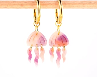 Jellyfish charm hoop earrings for summer, Fun ocean and marine earrings, Vacation gift for her, Beach jewelry, Mermaid lover gift
