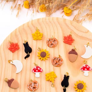 Könnte beinhalten: Eine Sammlung von 15 bunten Charms mit herbstlichen und fantasievollen Designs. Die Charms beinhalten einen Pilz, einen Halbmond, eine Sonnenblume, eine schwarze Katze, ein Brezel, ein Blatt und eine Eichel. Die Charms sind aus Polymer Clay gefertigt und haben eine goldfarbene Metallschaufel.