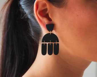 Geometrische schwarze Ohrringe baumeln handgemacht, Statement große Ohrringe, Ohrringe hypoallergener Ton, Boho Schmuck, Geschenke für Frau