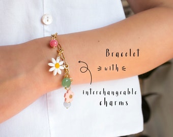 Bracelet à breloques personnalisé fait main, Bijoux personnalisés pour femme, Plaqué or 18 carats, Bijoux colorés faits main, Cadeau pour la fête des Mères