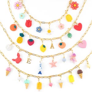 Custom charm necklace interchangeable summer charms and initials | Build your own multi charm necklace with clasps | Ocean, fruit, ice cream