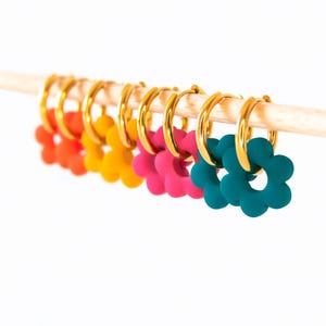 Flower Charm Hoop Earrings, Mismatched pendant set, 18k hoop floral clay earrings, Handmade custom hypoallergenic spring jewelry
