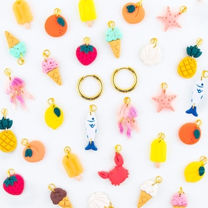 Summer Charm Hoop Earrings: Interchangeable Set Colorful Fruit, Ice Cream & Ocean, Build Your Own Charm Huggie Hoops