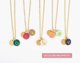 Handmade zodiac necklace in 24 colors, Custom Initial and zodiac golden necklace, Astrology jewelry, Handmade Mother's day gifts