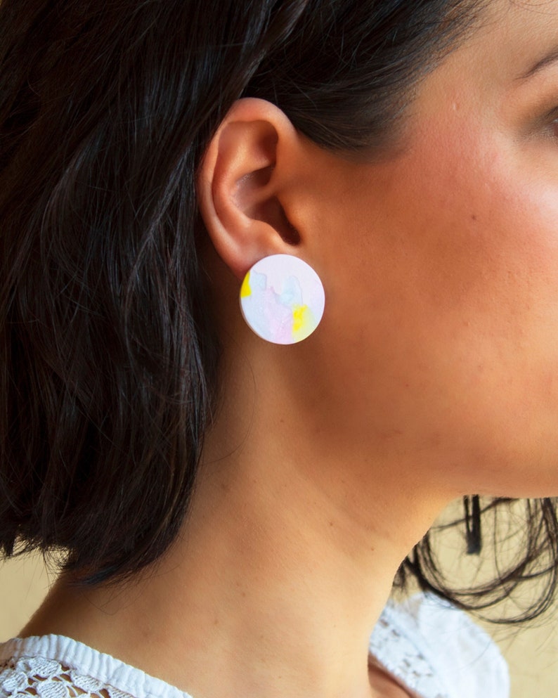 Pink earrings stud large, Statement stud earrings handmade, Minimalist jewelry, Colorful earrings autumn, Handmade gifts for women image 1