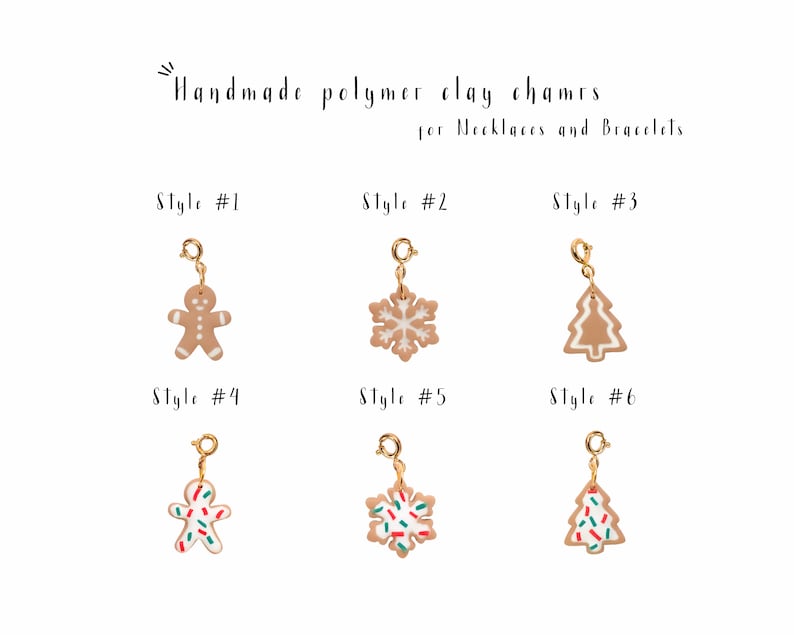 May include: Six handmade polymer clay charms for necklaces and bracelets. The charms are gingerbread men, snowflakes, and Christmas trees. Some charms are plain and others have red and green sprinkles.