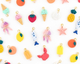 Handmade Summer Pendant Charms, Crab Jellyfish Starfish Shell Fish Lemon Strawberry Pineapple, Fruit, Ocean & Ice Cream Beach Styles