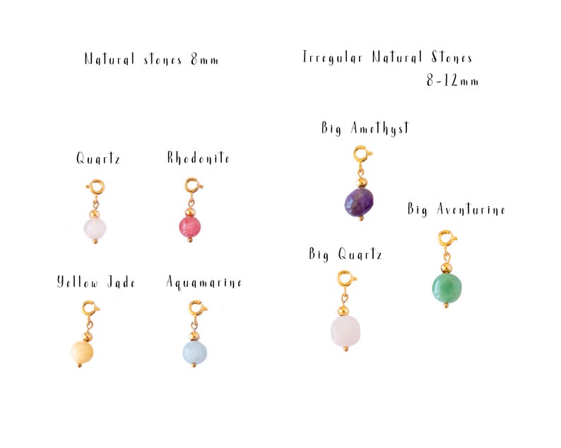 May include: Assortment of natural stone charms for jewelry making.  The charms are made with various stones, including quartz, rhodonite, yellow jade, aquamarine, amethyst, aventurine, and quartz.  The stones are available in two sizes: 8mm and 8-12mm.